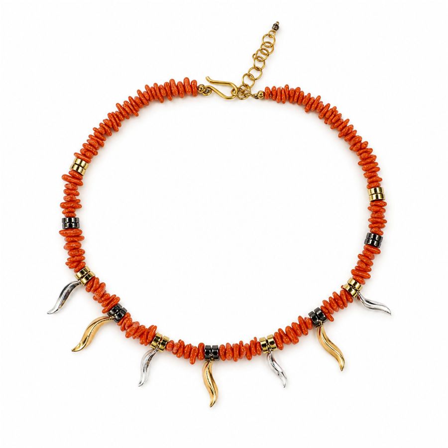 Thin coral and hematite choker necklace FLAME | CL EMATCORAL BACCH SOTT